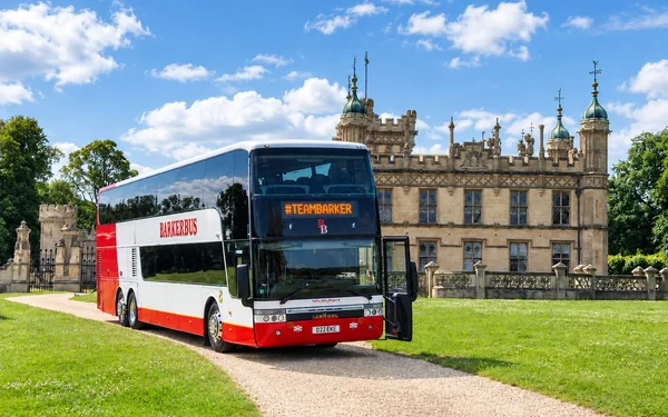 A Barker Bus double decker at a stately home