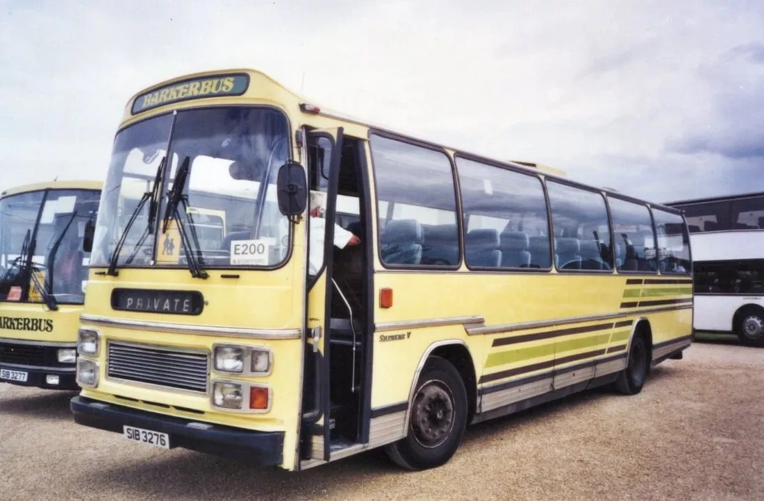 An early Barkerbus coach, its route card showing Bishop's Stortford