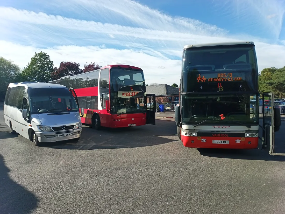 Barker Bus vehicles at St Mary's, the double decker showing St Mary's R C School on its destination blind